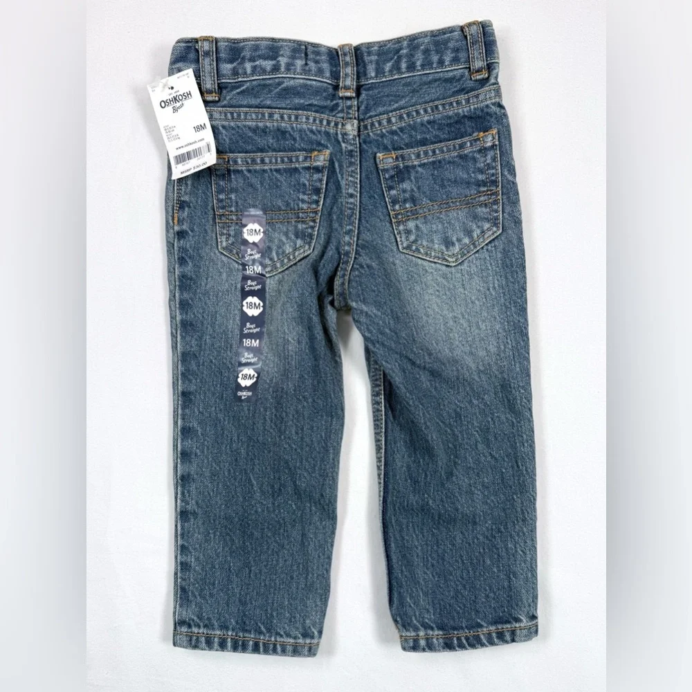 NWT OSHKOSH Boys Straight Jeans 18M Classic Blue Denim‎ Adjustable Waist NEW